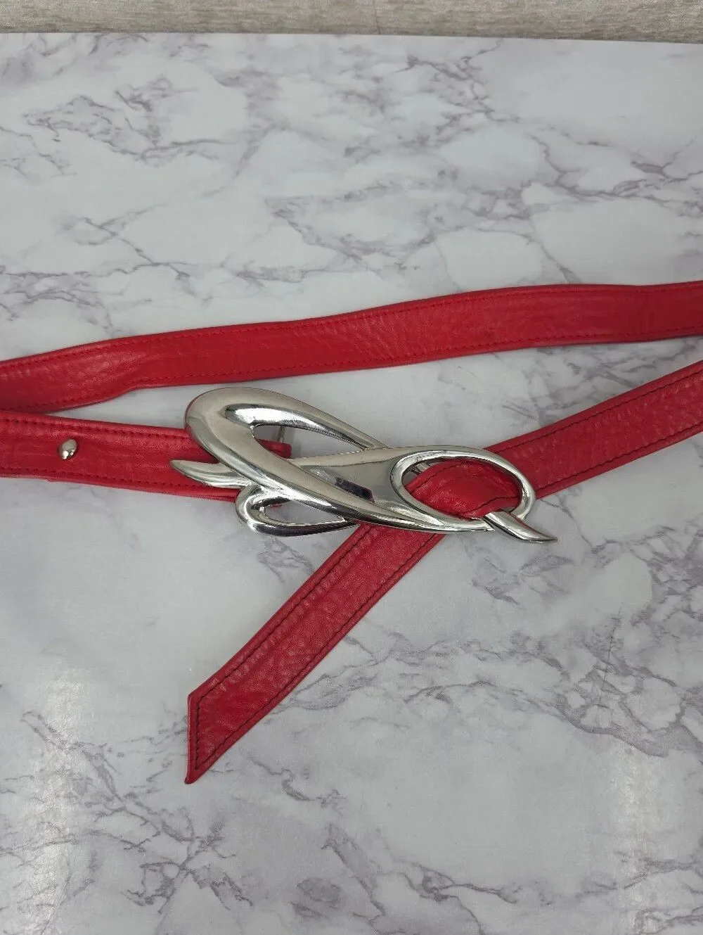 Vintage 80s Red Leather Belt with Silver Tone Etheral Knot Buckle